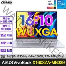 ASUS 비보북 X1603ZA-MB039/12세대 i5-12500H/16:10대화면 비보북/지문인식/웹캠실드/고성능프로세서, Free DOS, 트랜스페어런트실버, 256GB, 코어i5, X1603ZA-MB039, 8GB