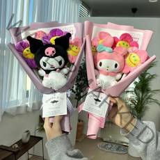 산리오 쿠로미 마이멜로디 폼폼푸린 시나모롤 가방고리 4종 스마일꽃 인형꽃다발, 쿠로미+LED