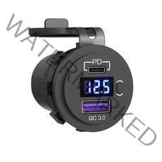 차량용 PD QC3.0 USB 2포트 볼트메타 3 IN 1 방수 소켓 AT03B, 1개