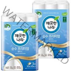깨끗한나라 3겹 데코 순수 프리미엄 와이드 천연펄프 롤화장지 30m, 30롤, 2개